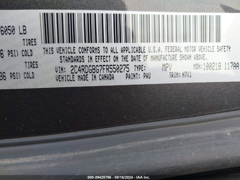 2015 Dodge Grand Caravan Se VIN: 2C4RDGBG7FR550275 Lot: 39428796