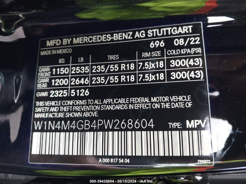 2023 Mercedes-Benz Glb 250 VIN: W1N4M4GB4PW268604 Lot: 39428804