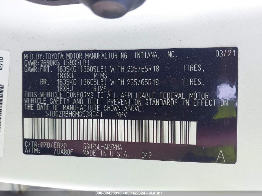 2021 Toyota Highlander Xle VIN: 5TDGZRBH6MS538541 Lot: 39428815