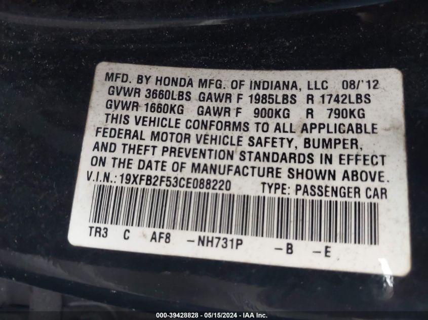 2012 Honda Civic Lx VIN: 19XFB2F53CE088220 Lot: 39428828