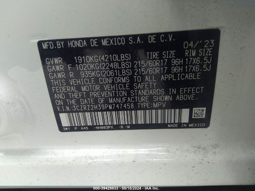 2023 Honda Hr-V Awd Lx VIN: 3CZRZ2H39PM747458 Lot: 39428833