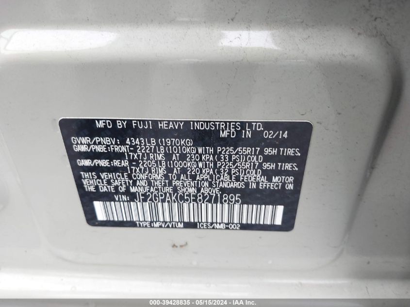 2014 Subaru Xv Crosstrek 2.0I Limited VIN: JF2GPAKC5E8271895 Lot: 39428835