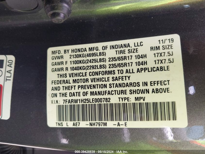 2020 Honda Cr-V 2Wd Lx VIN: 7FARW1H25LE000782 Lot: 39428838