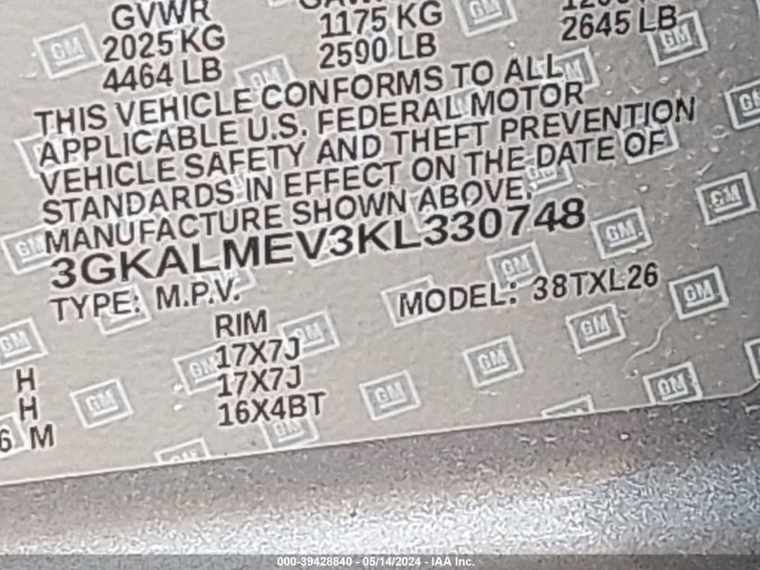 2019 GMC Terrain Sle VIN: 3GKALMEV3KL330748 Lot: 39428840