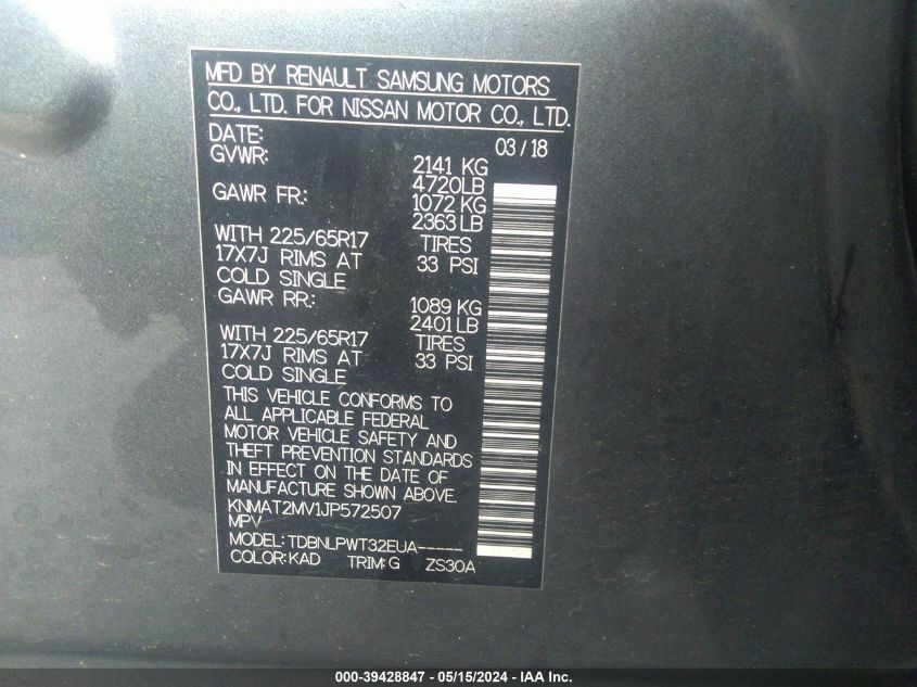 2018 Nissan Rogue S VIN: KNMAT2MV1JP572507 Lot: 39428847