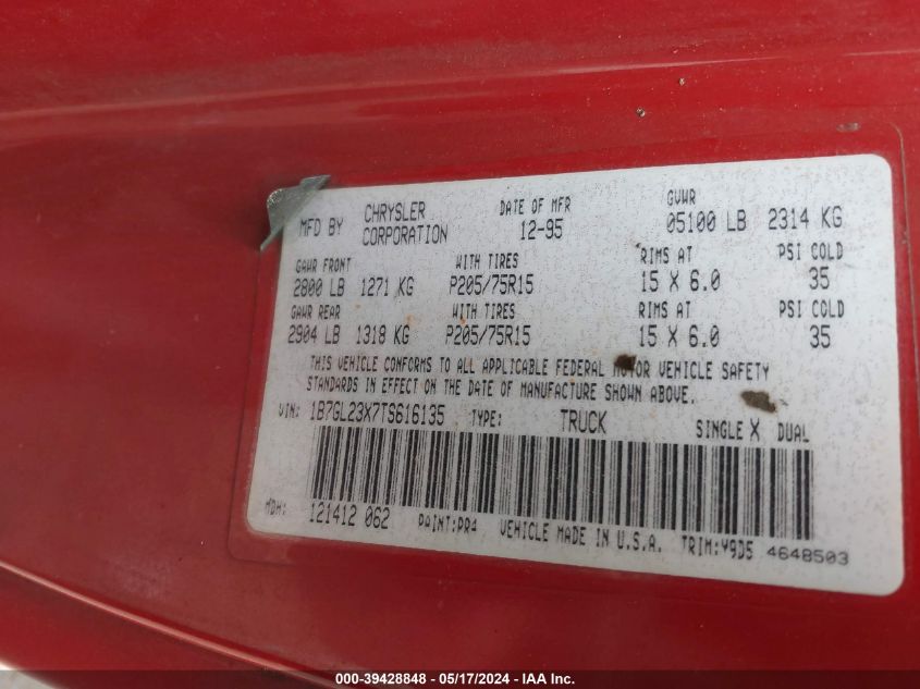 1996 Dodge Dakota VIN: 1B7GL23X7TS616135 Lot: 39428848