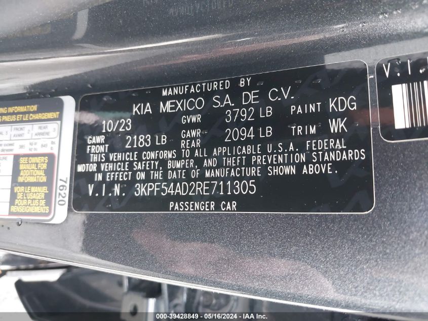 2024 Kia Forte Gt-Line VIN: 3KPF54AD2RE711305 Lot: 39428849