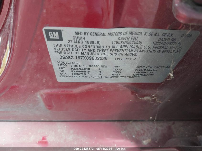 2008 Saturn Vue Red Line VIN: 3GSCL137X8S632239 Lot: 39428873