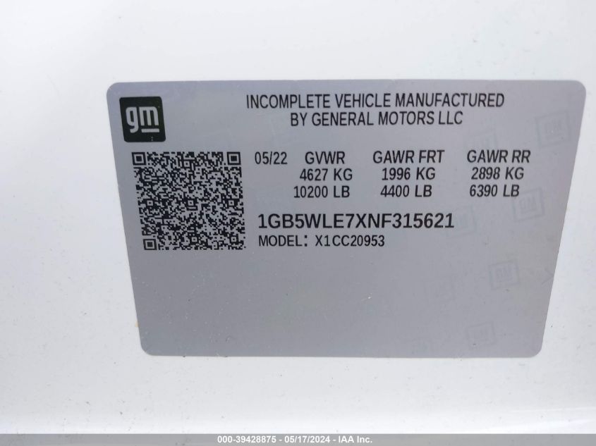 2022 Chevrolet Silverado 2500Hd 2Wd Double Cab Long Bed Wt VIN: 1GB5WLE7XNF315621 Lot: 39428875