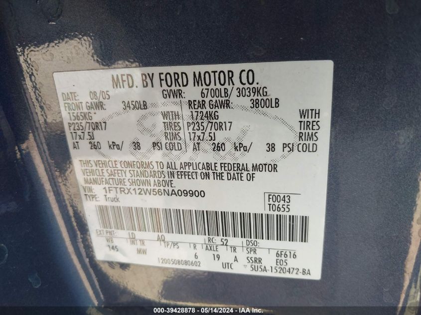 2006 Ford F-150 Stx/Xl/Xlt VIN: 1FTRX12W56NA09900 Lot: 39428878