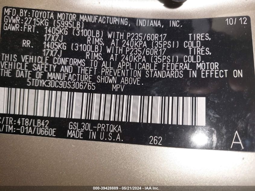 2013 Toyota Sienna Xle V6 8 Passenger VIN: 5TDYK3DC9DS306765 Lot: 39428889