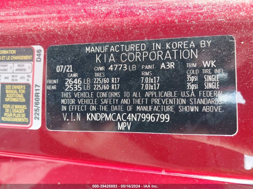 2022 Kia Sportage Lx VIN: KNDPMCAC4N7996799 Lot: 39428893