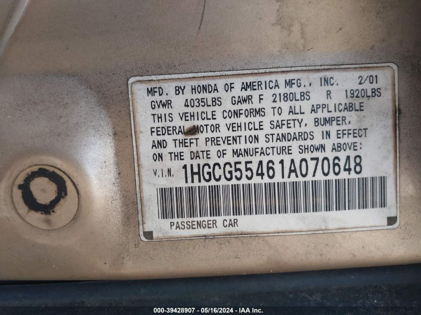 2001 Honda Accord Lx VIN: 1HGCG55461A070648 Lot: 39428907