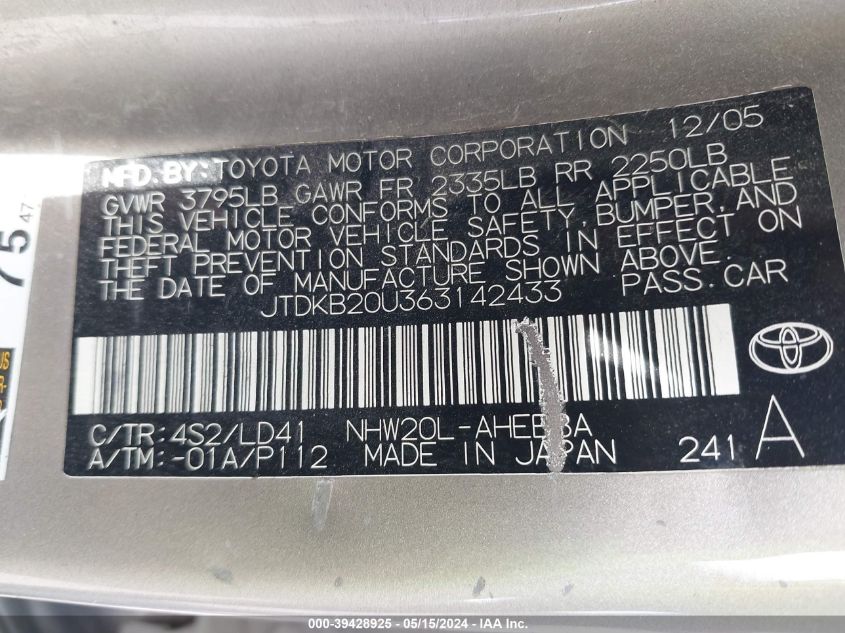 2006 Toyota Prius VIN: JTDKB20U363142433 Lot: 39428925