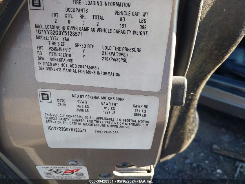 2000 Chevrolet Corvette VIN: 1G1YY32G0Y5123571 Lot: 39428931