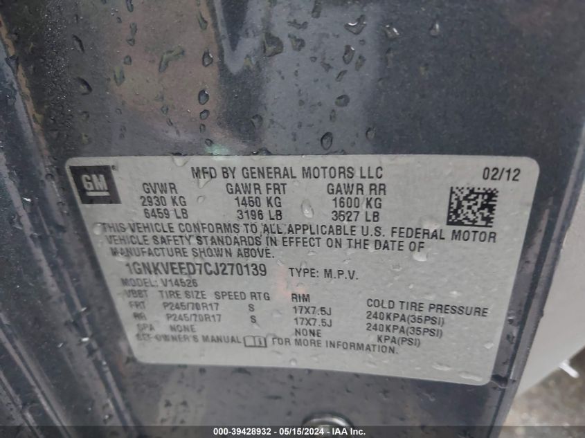 2012 Chevrolet Traverse Ls VIN: 1GNKVEED7CJ270139 Lot: 39428932