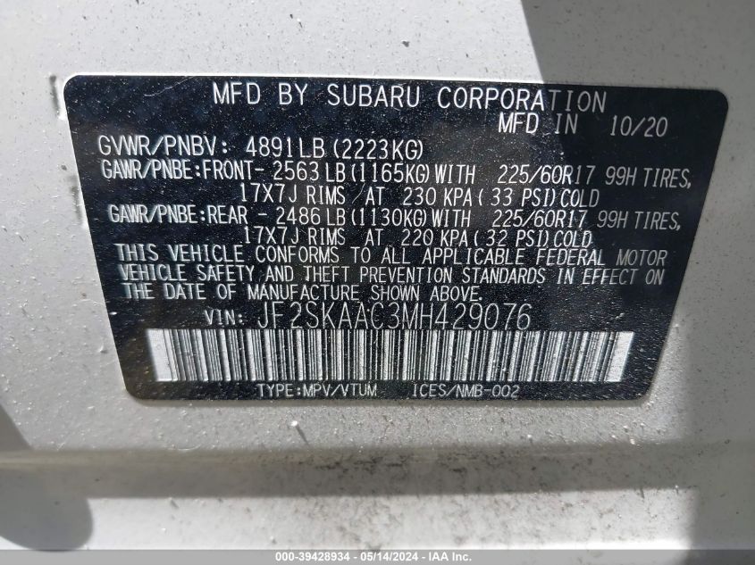 2021 Subaru Forester VIN: JF2SKAAC3MH429076 Lot: 39428934