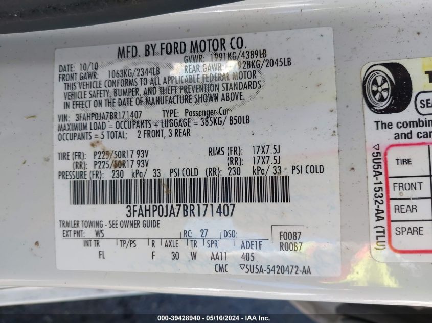 2011 Ford Fusion Sel VIN: 3FAHP0JA7BR171407 Lot: 39428940