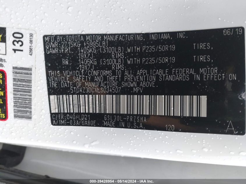 2020 Toyota Sienna Se Premium VIN: 5TDXZ3DCXLS034507 Lot: 39428954