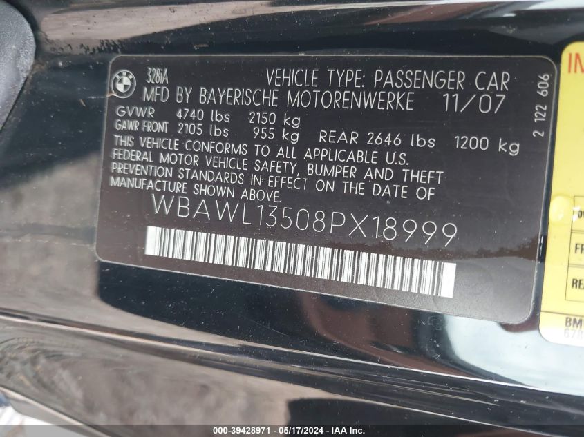 2008 BMW 328 I VIN: WBAWL13508PX18999 Lot: 39428971