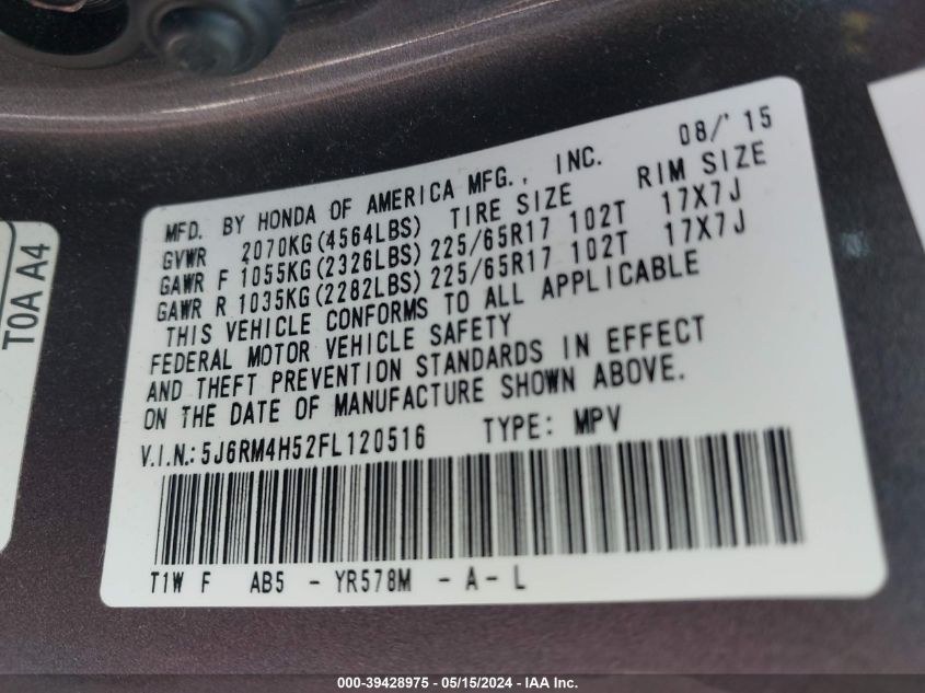 2015 Honda Cr-V Ex VIN: 5J6RM4H52FL120516 Lot: 39428975