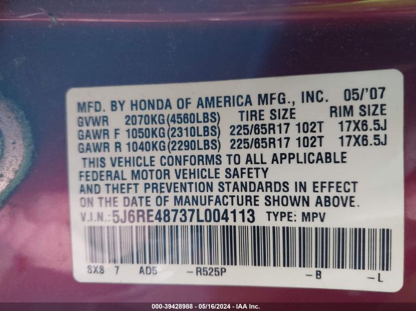 2007 Honda Cr-V Ex-L VIN: 5J6RE48737L004113 Lot: 39428988