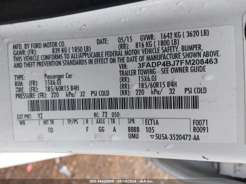 2015 Ford Fiesta Se VIN: 3FADP4BJ7FM208463 Lot: 39428989