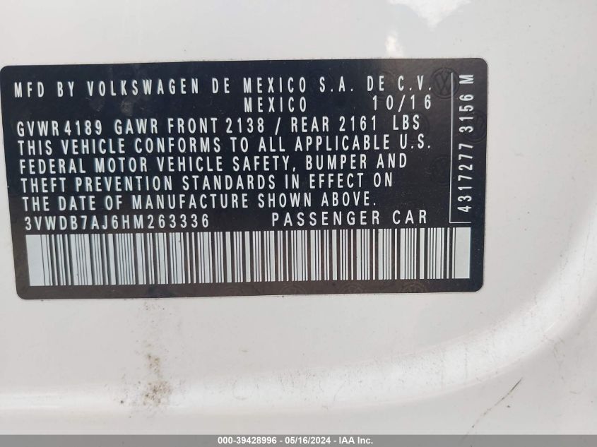 2017 Volkswagen Jetta 1.4T Se VIN: 3VWDB7AJ6HM263336 Lot: 39428996