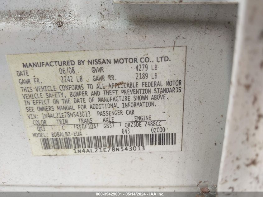 2008 Nissan Altima 2.5 S VIN: 1N4AL21E78N543013 Lot: 39429001