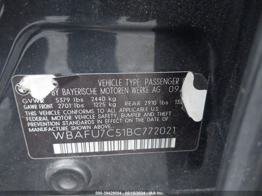 2011 BMW 535I xDrive VIN: WBAFU7C51BC772021 Lot: 39429004