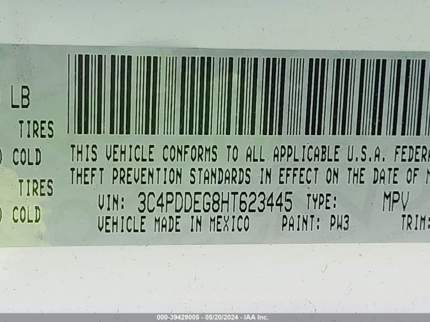 2017 Dodge Journey Gt Awd VIN: 3C4PDDEG8HT623445 Lot: 39429005