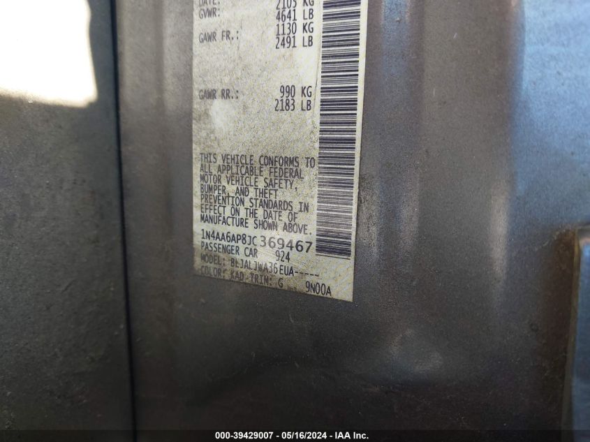 2018 Nissan Maxima 3.5 Sv VIN: 1N4AA6AP8JC369467 Lot: 39429007