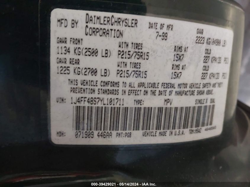 2000 Jeep Cherokee Sport VIN: 1J4FF48S7YL101711 Lot: 39429021