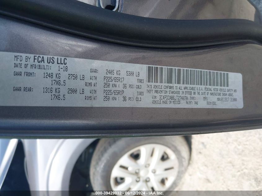 2018 Dodge Journey Se VIN: 3C4PDCAB6JT274070 Lot: 39429032