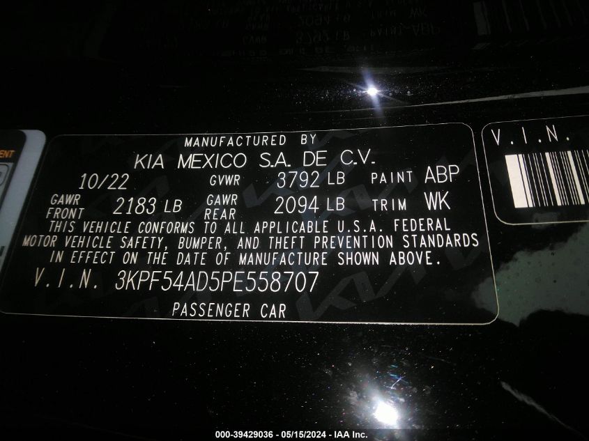 2023 Kia Forte Gt-Line VIN: 3KPF54AD5PE558707 Lot: 39429036