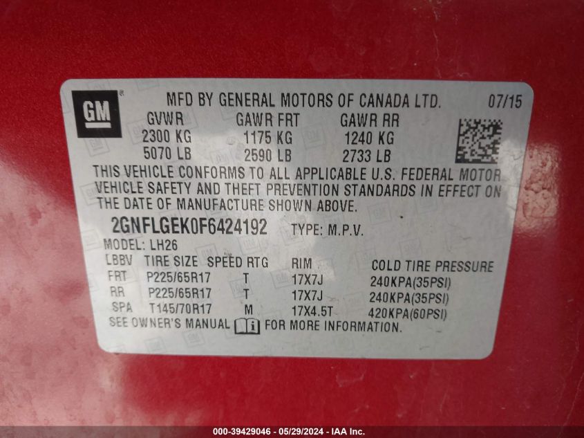 2015 Chevrolet Equinox 2Lt VIN: 2GNFLGEK0F6424192 Lot: 39429046