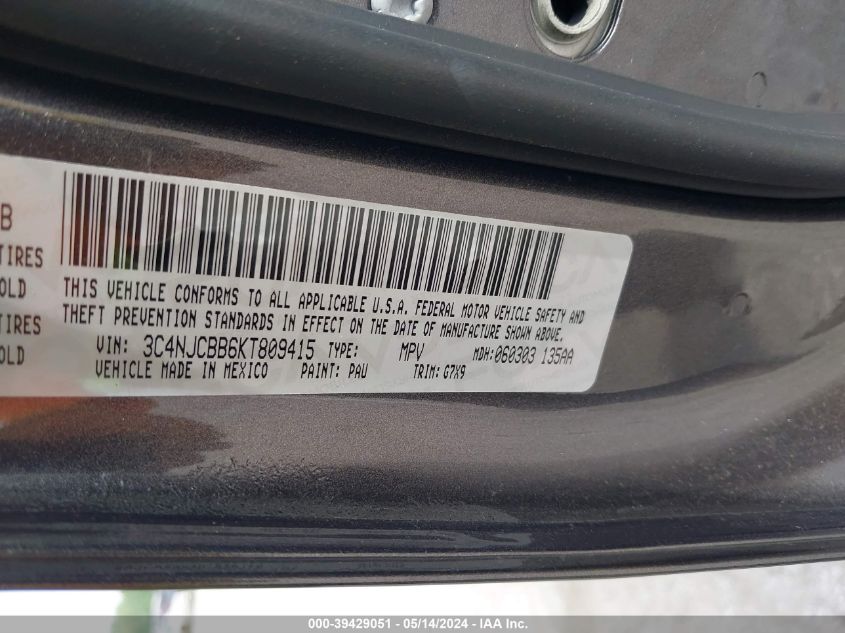 2019 Jeep Compass Latitude Fwd VIN: 3C4NJCBB6KT809415 Lot: 39429051