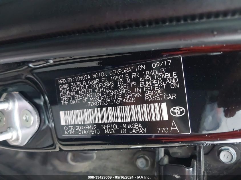 2018 Toyota Prius C Three VIN: JTDKDTB33J1604448 Lot: 39429059