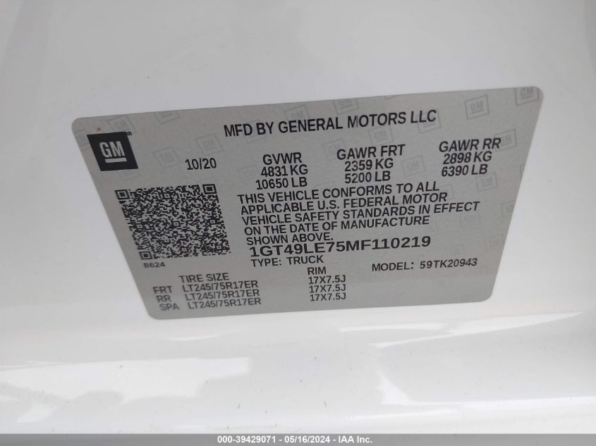 2021 GMC Sierra 2500Hd 4Wd Long Bed VIN: 1GT49LE75MF110219 Lot: 39429071