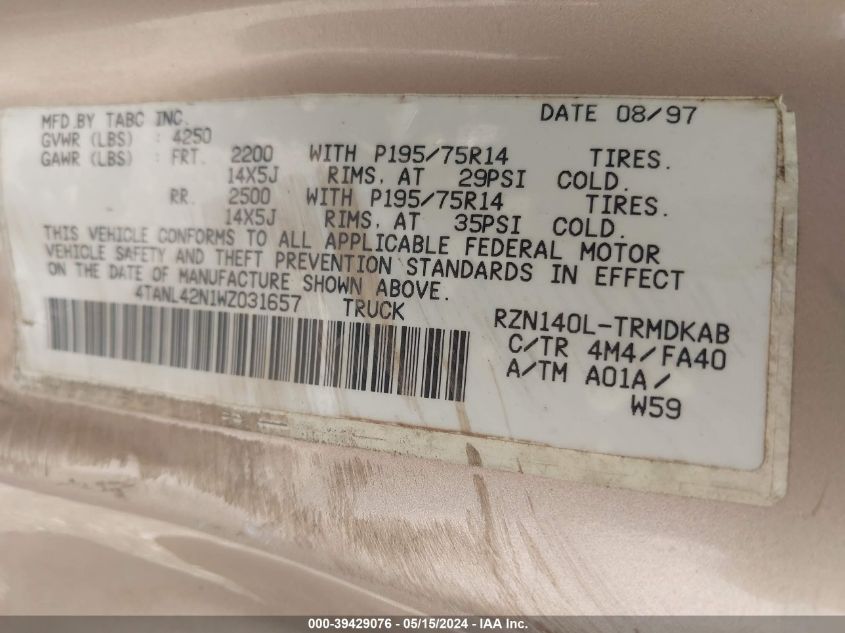 1998 Toyota Tacoma VIN: 4TANL42N1WZ031657 Lot: 39429076