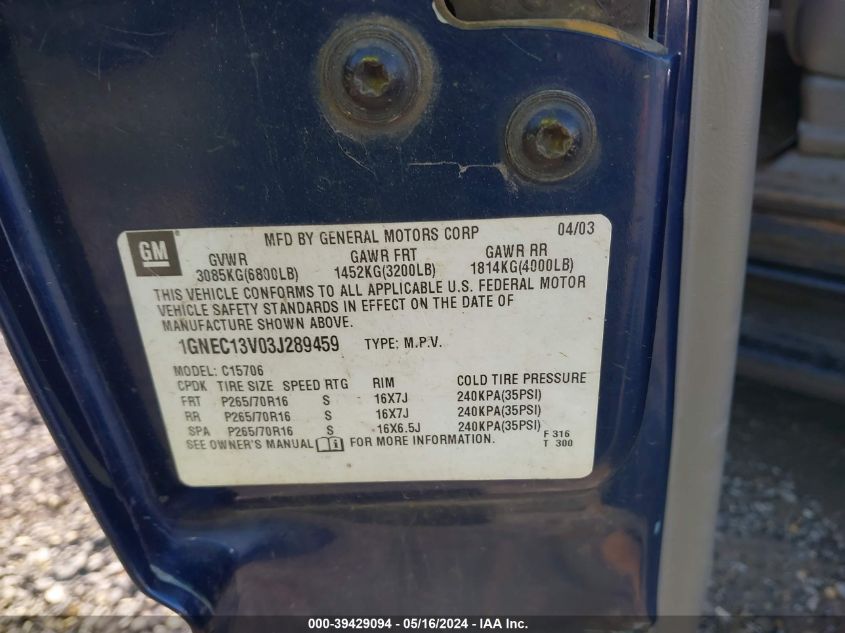 2003 Chevrolet Tahoe C1500 VIN: 1GNEC13V03J289459 Lot: 39429094