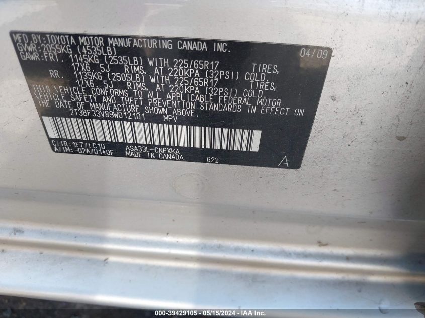 2009 Toyota Rav4 VIN: 2T3BF33V89W012101 Lot: 39429105