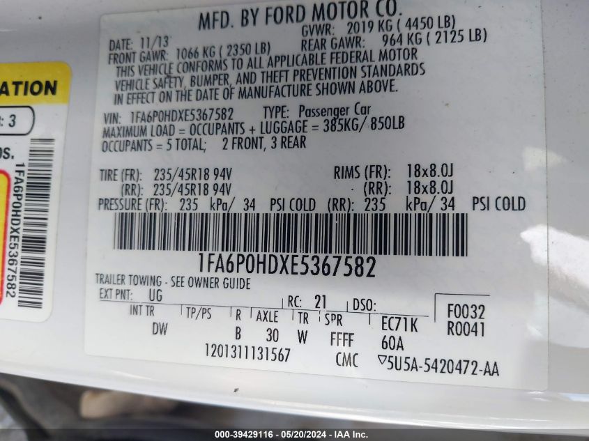 2014 Ford Fusion Se VIN: 1FA6P0HDXE5367582 Lot: 39429116