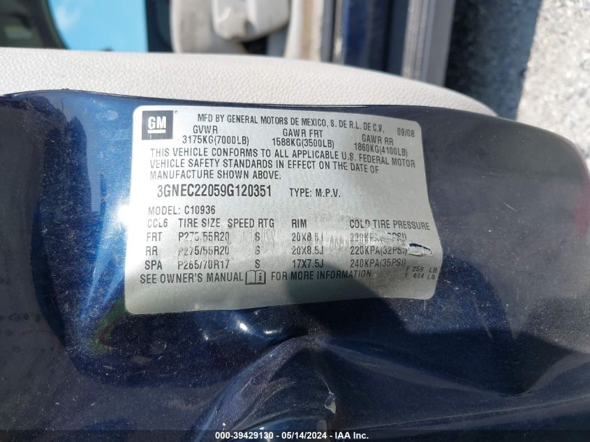 2009 Chevrolet Avalanche 1500 Lt1 VIN: 3GNEC22059G120351 Lot: 39429130
