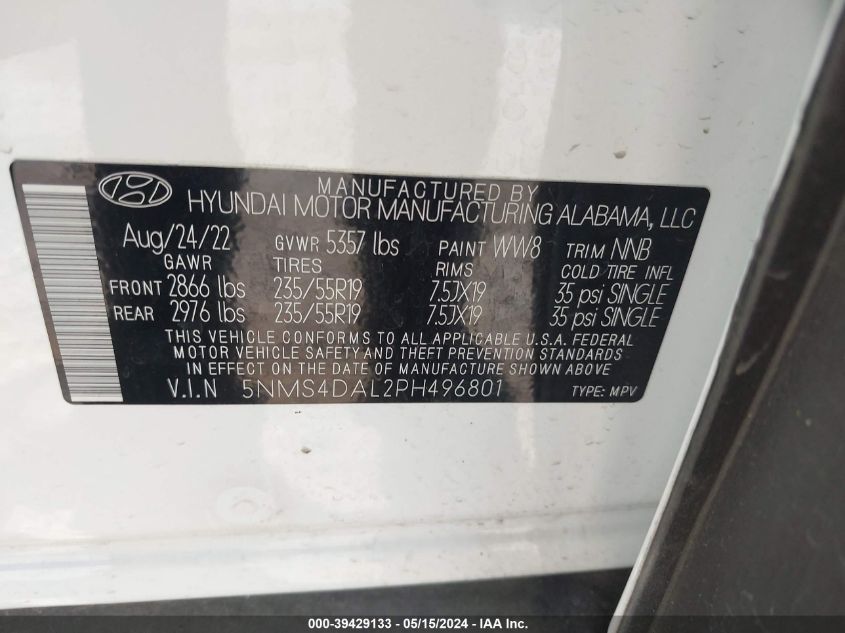 2023 Hyundai Santa Fe Limited VIN: 5NMS4DAL2PH496801 Lot: 39429133