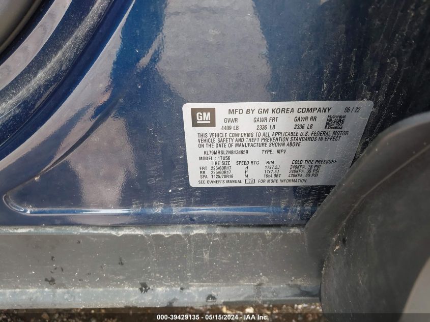 2022 Chevrolet Trailblazer Awd Lt VIN: KL79MRSL2NB134959 Lot: 39429135