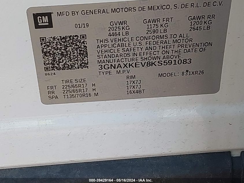 2019 Chevrolet Equinox Lt VIN: 3GNAXKEV8KS591083 Lot: 39429164