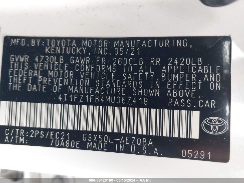 2021 Toyota Avalon Trd VIN: 4T1FZ1FB4MU067418 Lot: 39429180