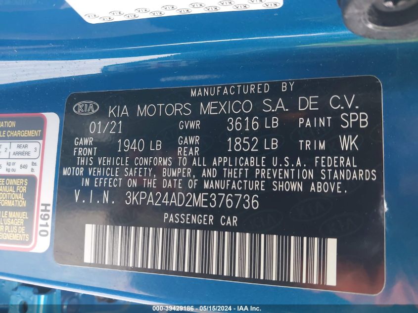 2021 Kia Rio S VIN: 3KPA24AD2ME376736 Lot: 39429186