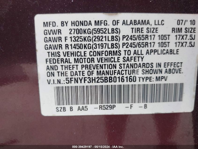 2011 Honda Pilot Lx VIN: 5FNYF3H25BB016160 Lot: 39429197